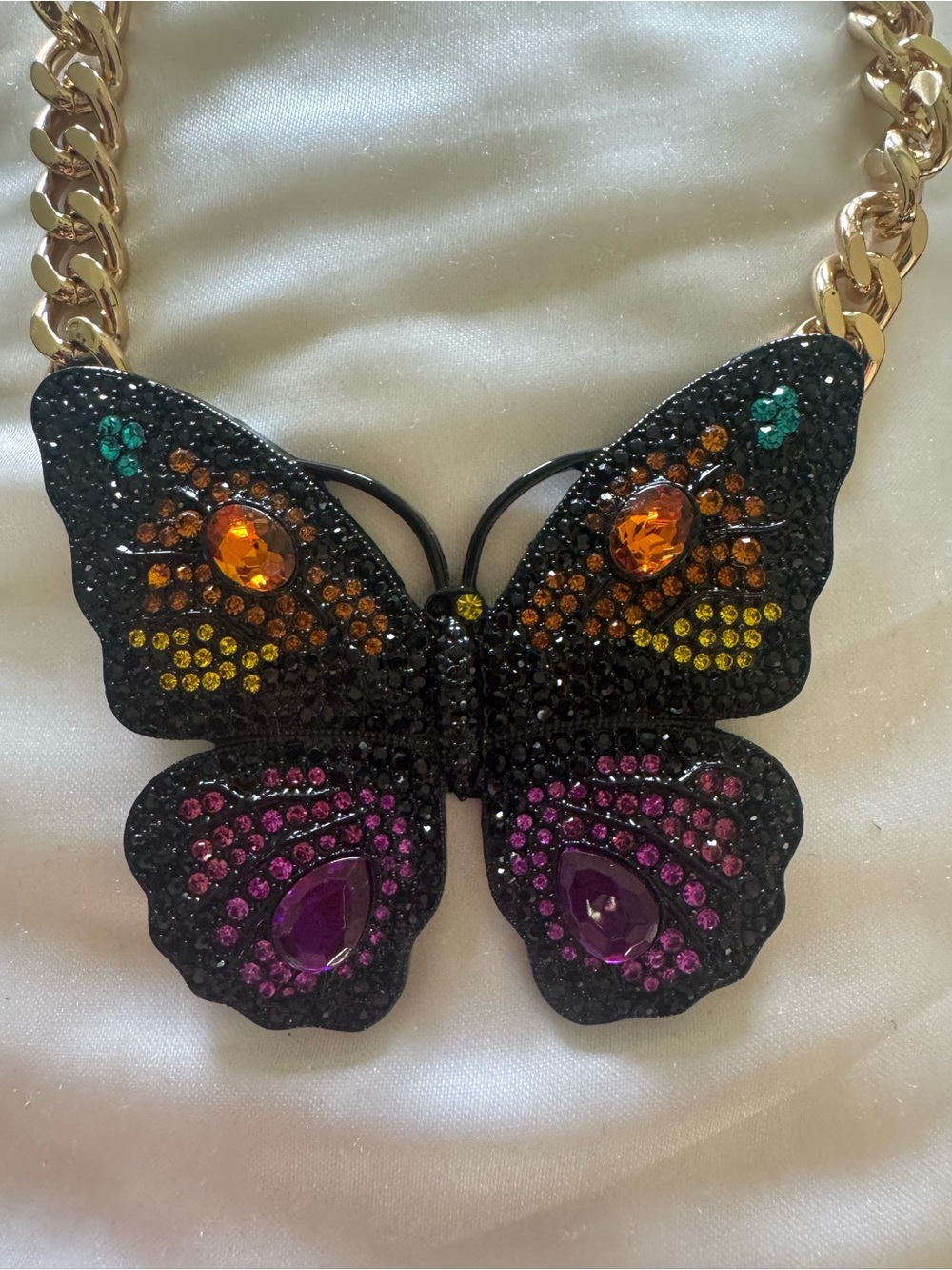 Butterfly Crystal Pendant Necklace - Black with Multicolor Stones
